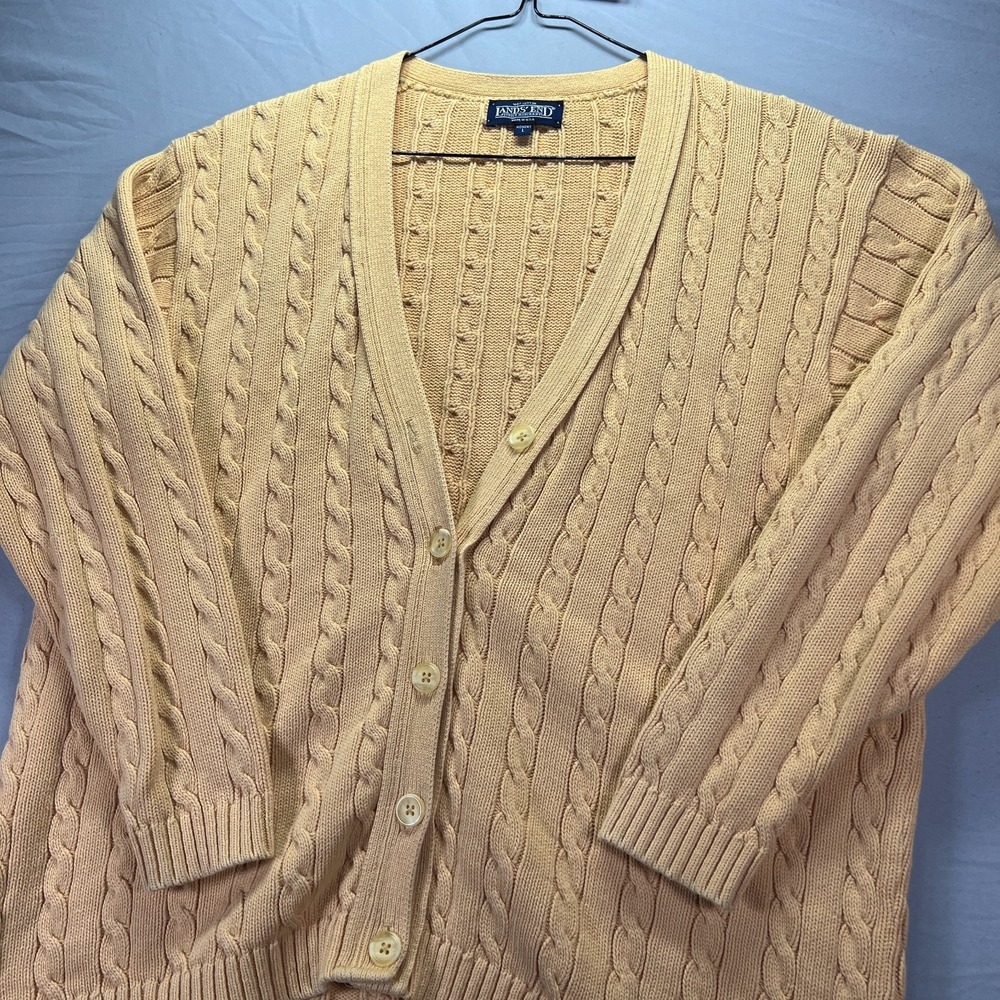 Vintage Land End Cardigan Sweater Women Large Yellow Cable Knit Cotton Fisherman